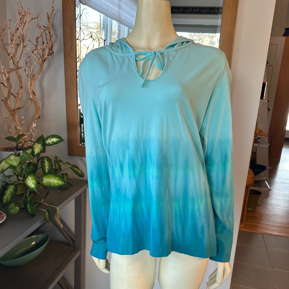 Women's Lucy Turquoise Blue Ombre Long Sleeve Hoodie ~ Large